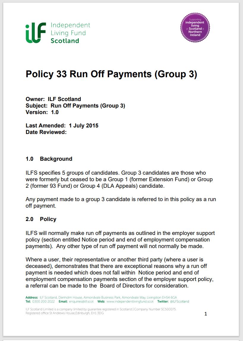 Cover of policy 33. Shows text with ILF Scotland logo at top.