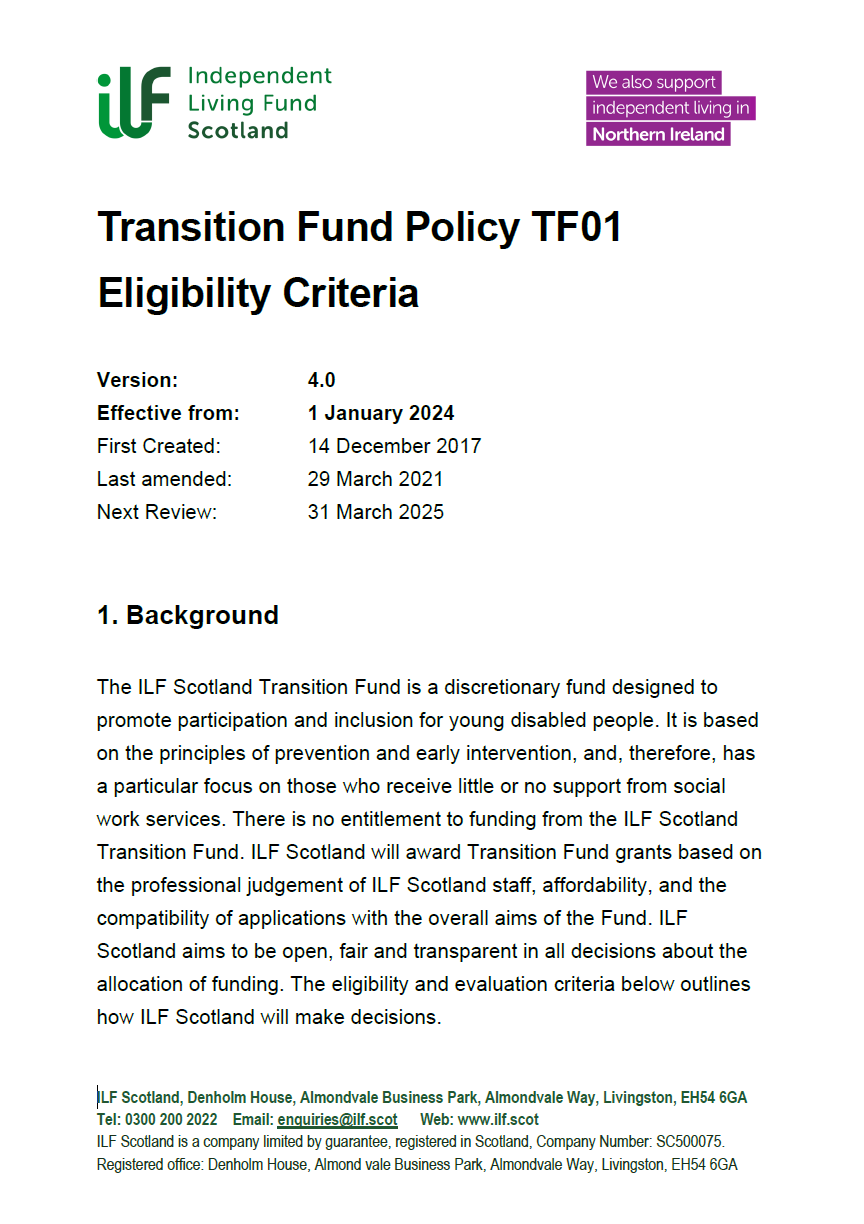 The front page of Transition Fund Policy TF01 Eligibility Criteria