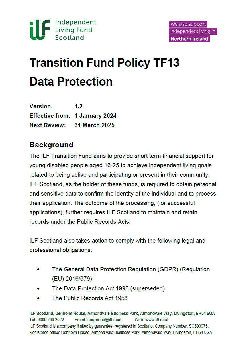 The front cover of the Transition Fund Policy number TF13 Data Protection