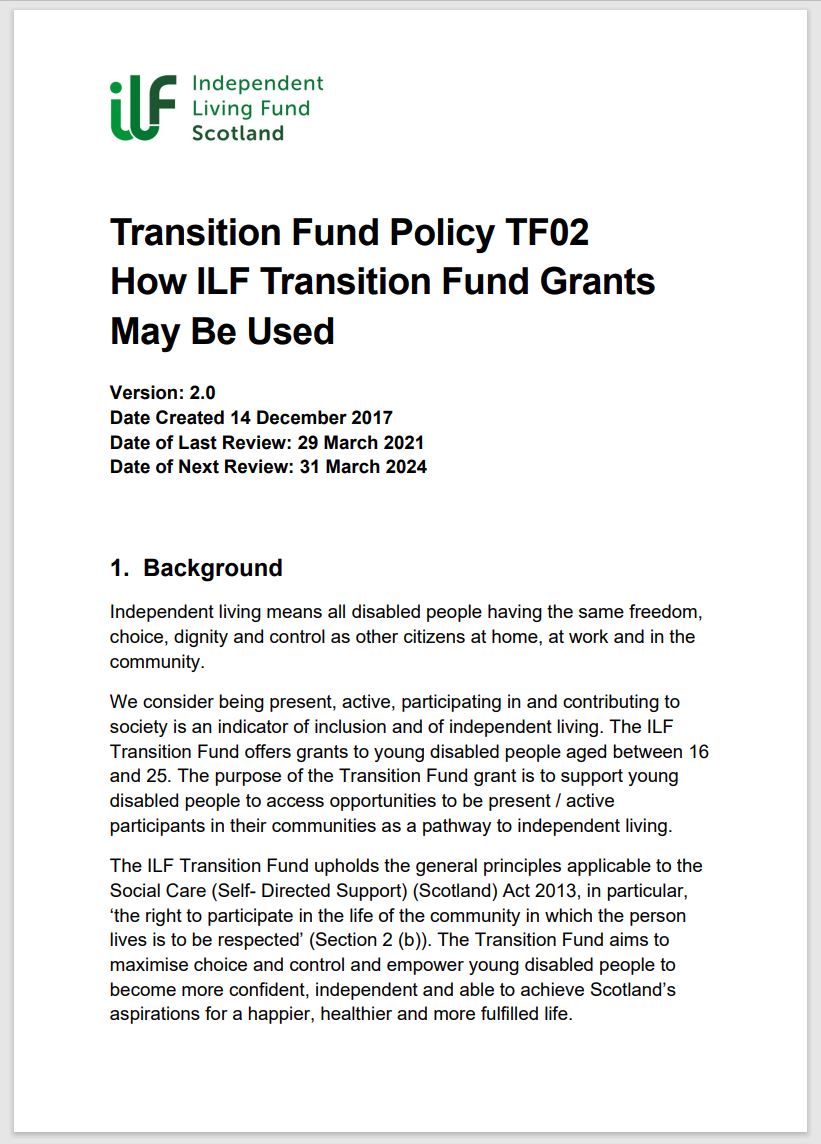 Cover page of policy TF02 showing ILF Scotland logo and cover page text.