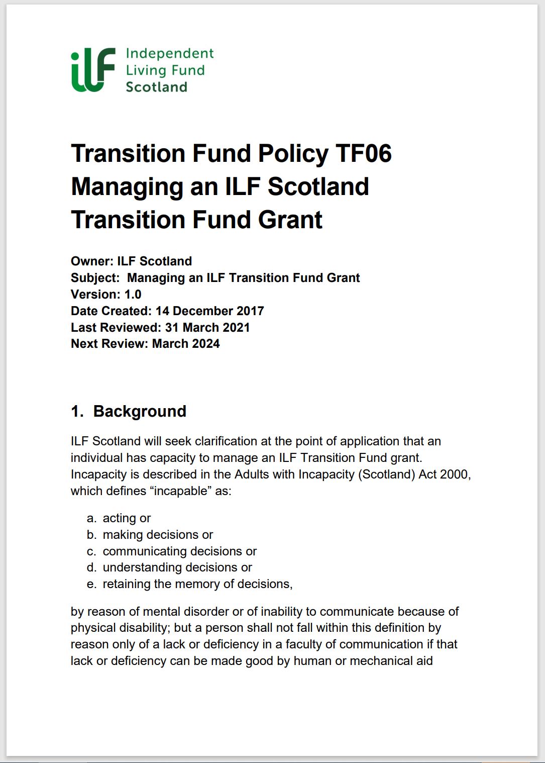 Cover page for policy TF06 showing ILF Scotland logo and cover page text.