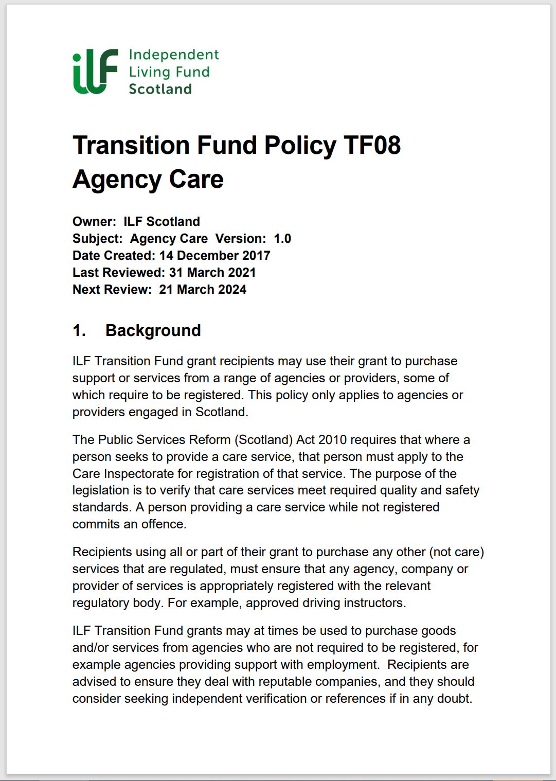 Cover page of policy TF08 showing ILF Scotland logo and first page of policy document.