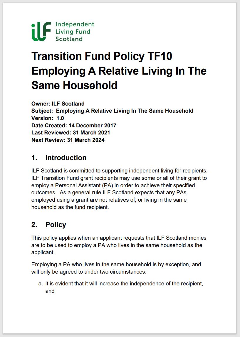 Cover page of policy TF10 showing ILF Scotland logo and first page of text.