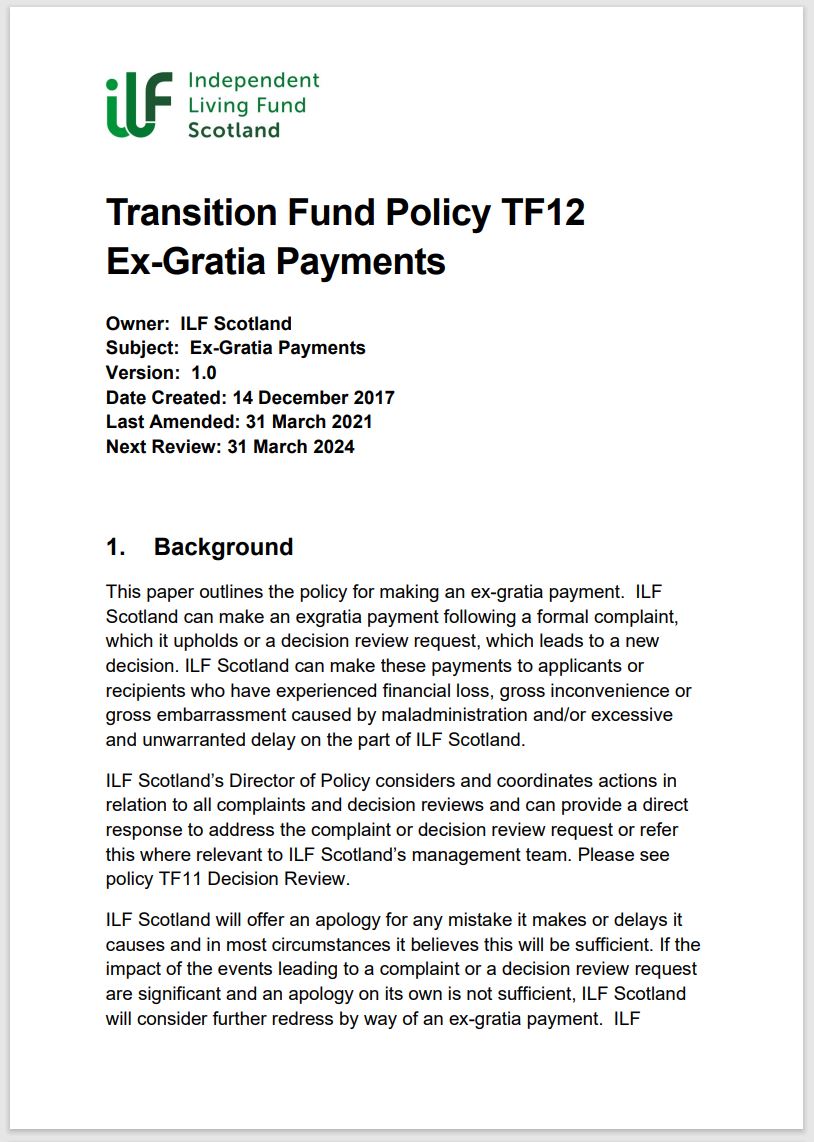 Cover page of policy TF12 showing ILF Scotland logo and page of text.
