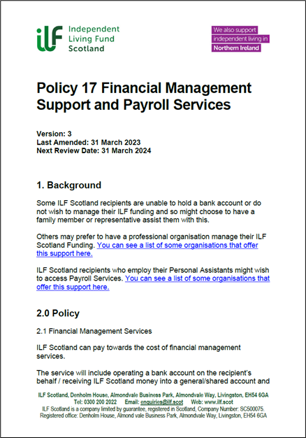 Cover of policy 17 showing ILF Scotland logo and page of text.