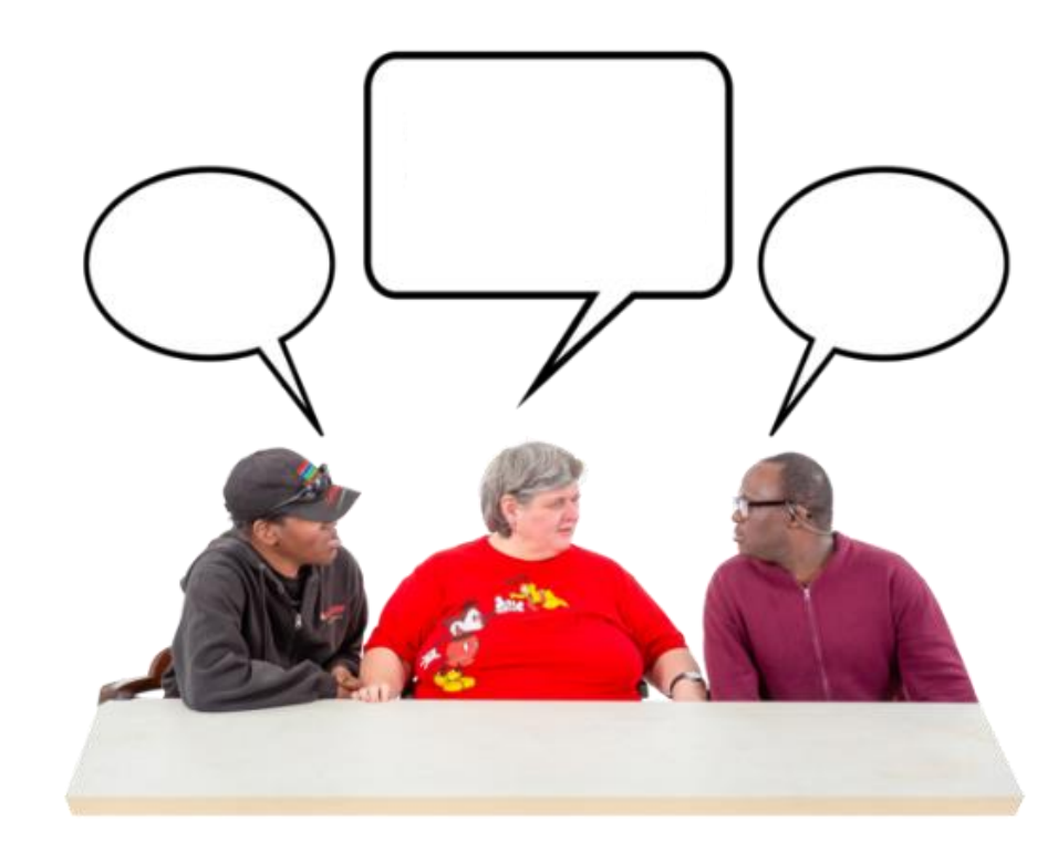 Three people behind a desk with blank speech bubbles above their heads.