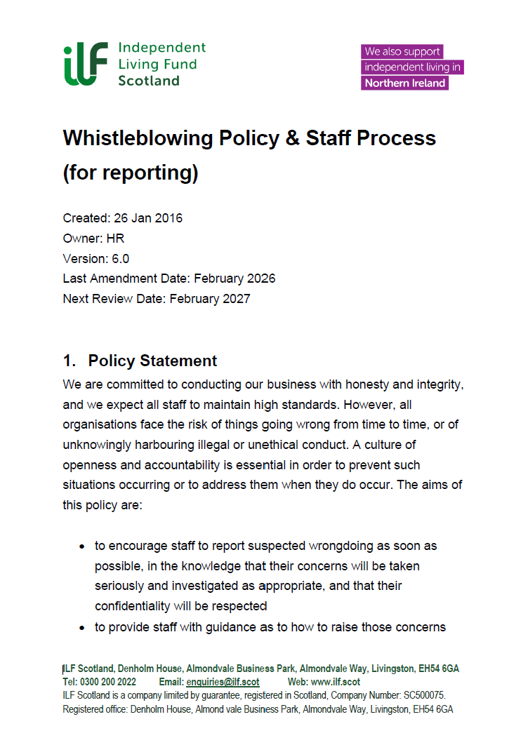The front cover of the Whistleblowing Policy and Staff Process