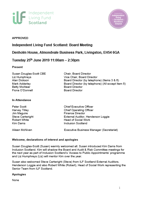 ILF Scotland - Minute of Board Meeting - 25 June 2019 cover image