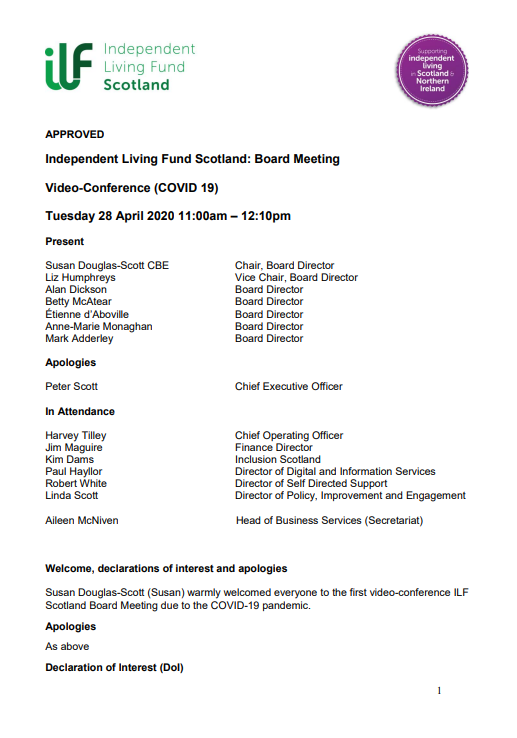 ILF Scotland - Minute of Board Meeting - 28 April 2020 cover image