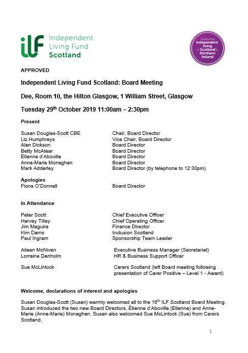 ILF Scotland - Minute of Board Meeting - 29 October 2019 cover image