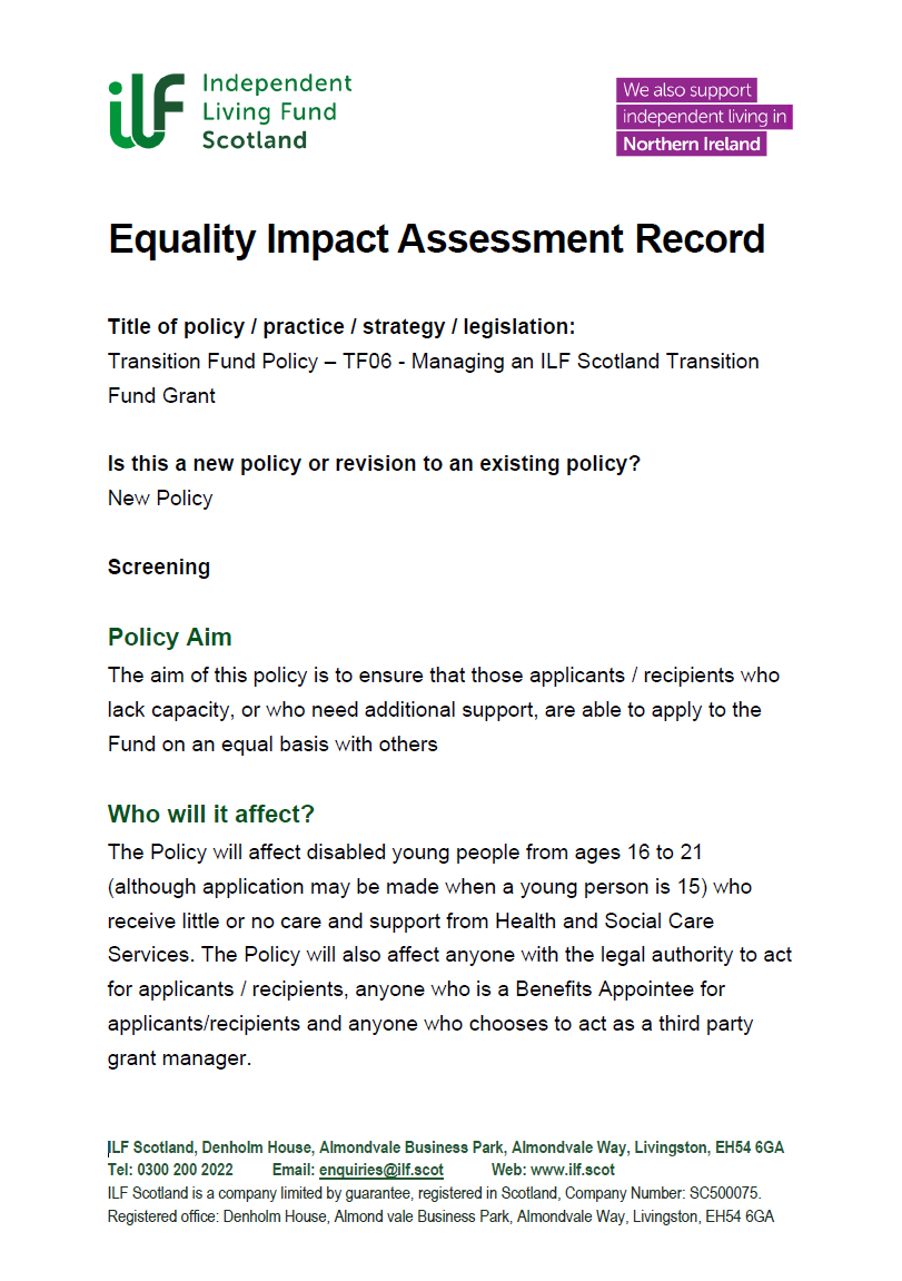 EQIA - TF06 - Managing an ILF Scotland Transition Fund Grant Front Page