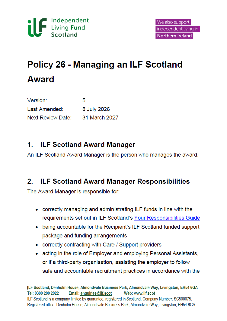 Front Page of Policy 26 - Managing an ILF Scotland Award - v05.0