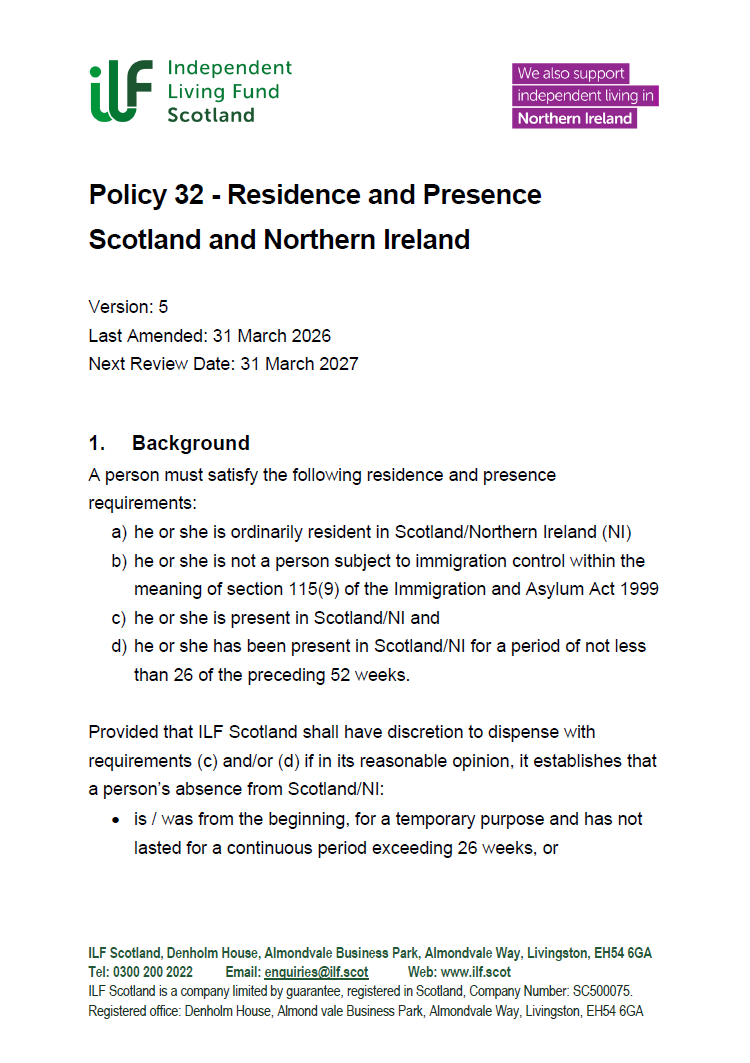 Front Page of Policy 32 - Residence and Presence Scotland and Northern Ireland