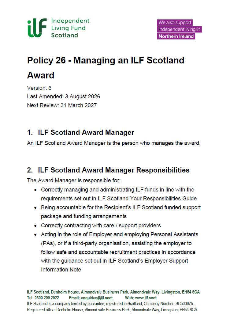 Front page of Policy 26 - Managing an ILF Scotland Award - v06.0