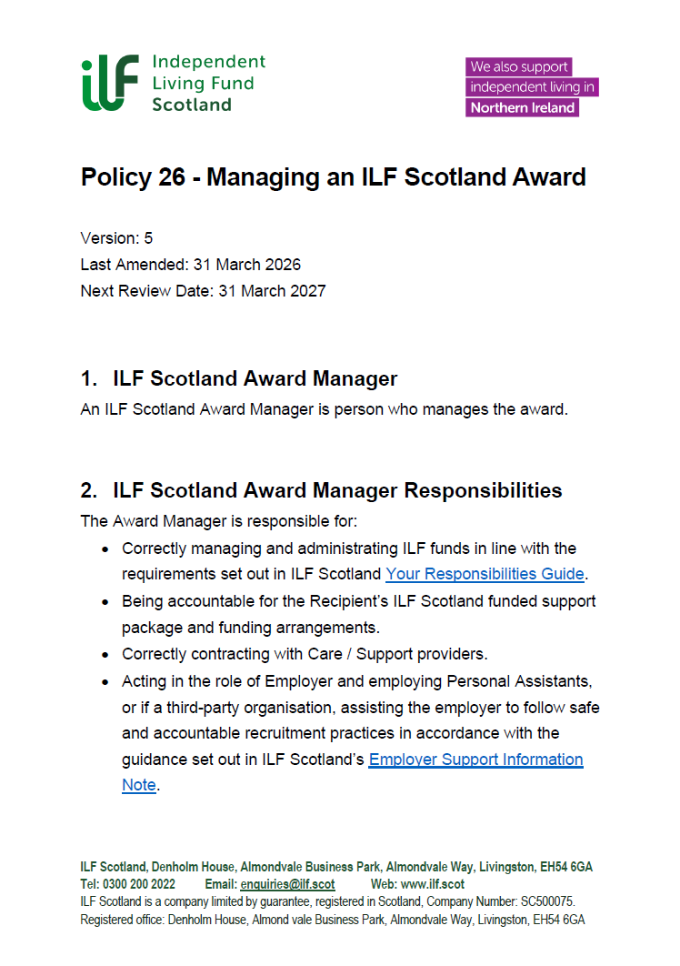 Front page of Policy 26 - Managing an ILF Scotland Award