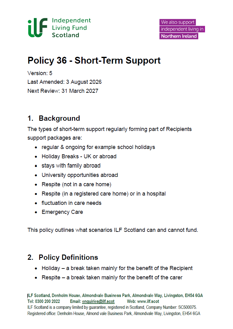 Front page of Policy 36 - Short Term Support - v05.0