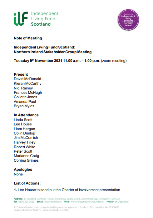 Front page of Northern Ireland Stakeholder Meeting Minutes from 9 November 2021