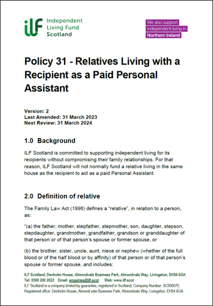 Cover / First page of Policy 31 Relatives Living with a Recipient as a Paid Personal Assistant