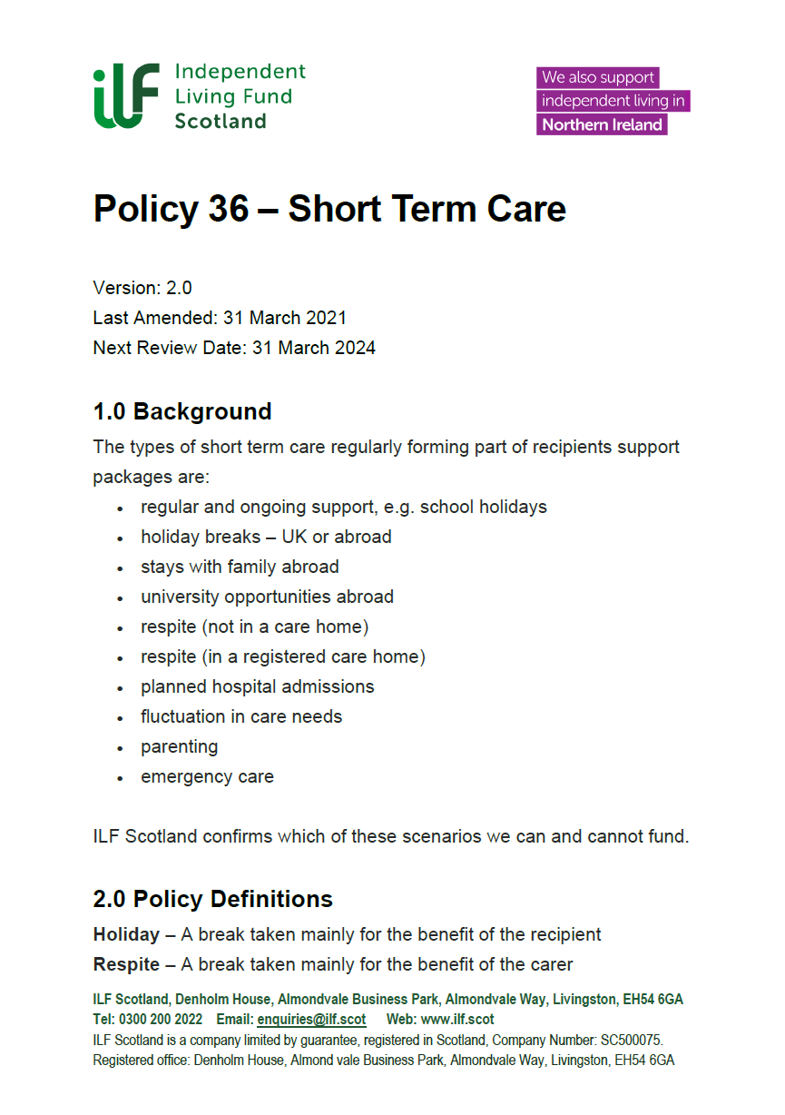 Front Cover of Policy 36 - Short Term Care
