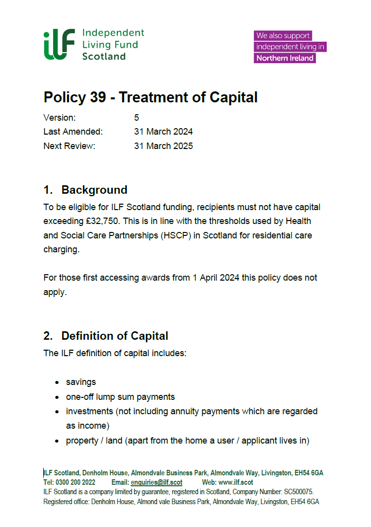 The front page of Policy 39 Treatment of Capital