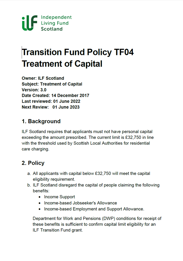 First page of the Transition Fund Policy Treatment of Capital