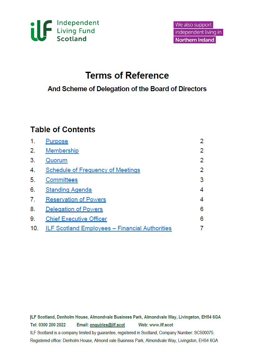 Front page of the terms of reference and scheme of delegation of the board of directors including table of contents.