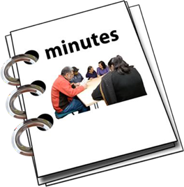 A booklet showing minutes and people having a meeting