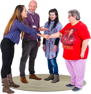 4 people standing together and shaking hands