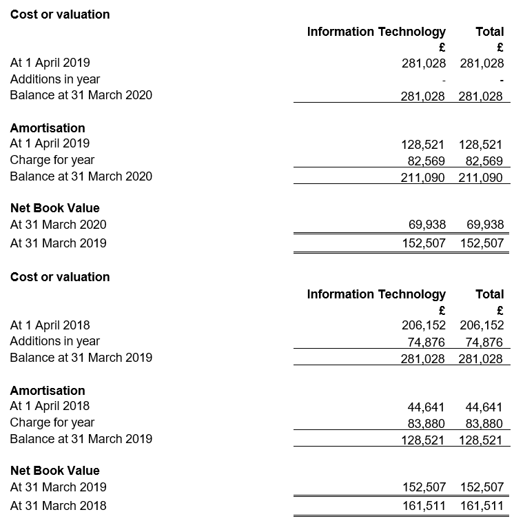 Table of cost or valuation of intangible assets