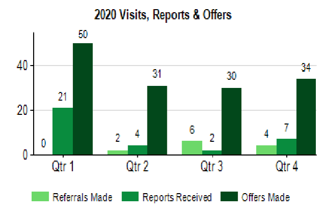 Bar chart of 2020 visits, reports and offers