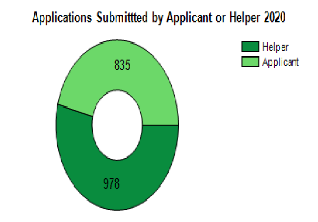 Pie chart of applications submitted by applicant or helper in 2020