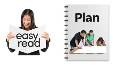 Image of woman holding book saying 'easy read' and a notebook with 'plan' on it