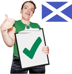 Image of man holding a clipboard with a big green tick and a Scottish flag