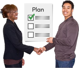 Man and woman shaking hands with a document titled 'Plan' between them