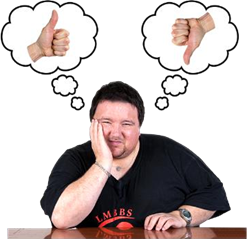 Man with thought bubbles of a thumbs down and a thumbs up