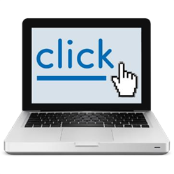 Laptop with 'click' written on screen