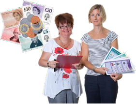 Two women with clipboard and sheets with money int he background