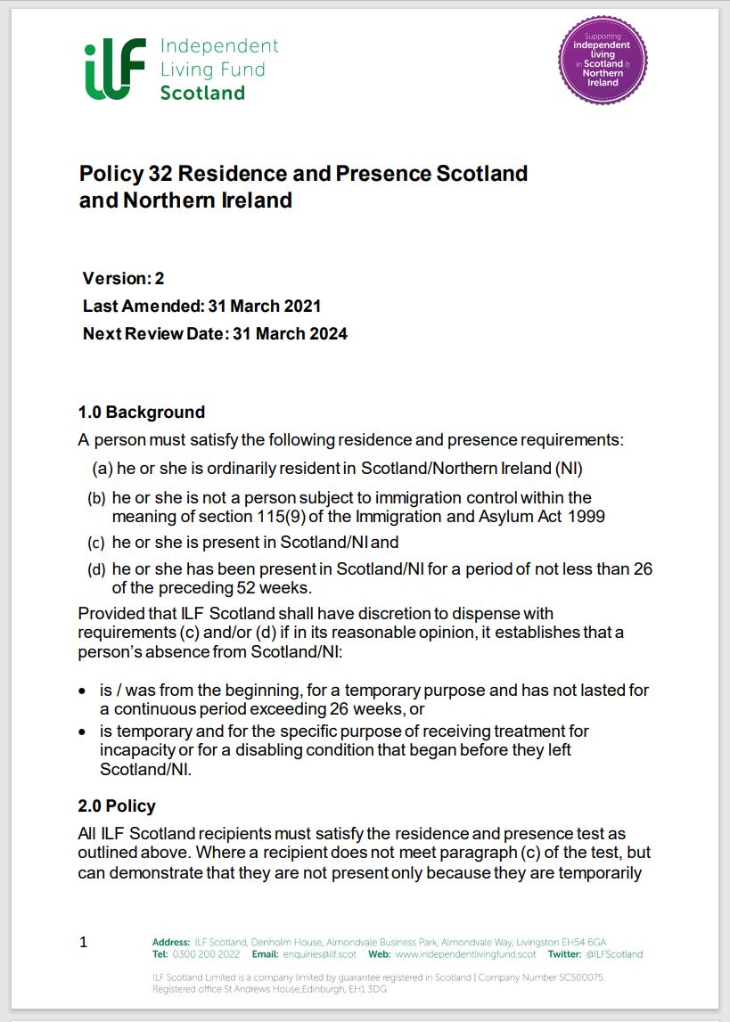 Cover of policy, showing ILF Scotland logo and a page of text.
