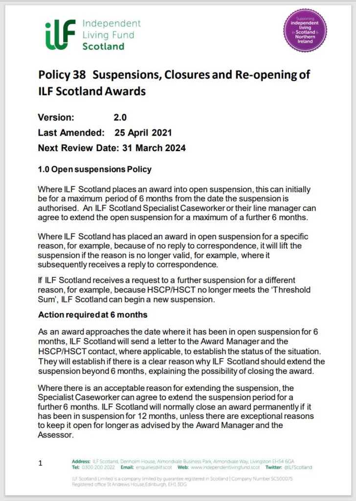 Policy 38 Suspensions Closures and Reopening of ILF Scotland Awards