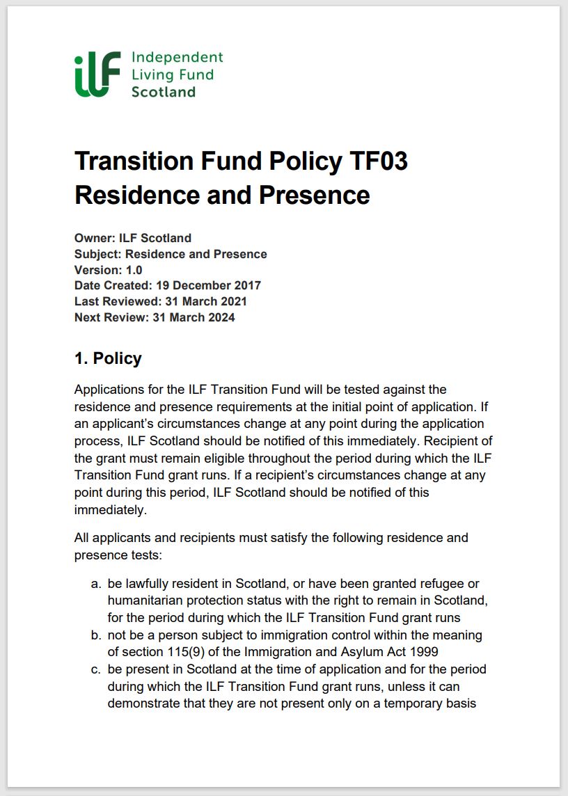 Cover page of policy TF03 showing front page text and ILF Scotland logo.