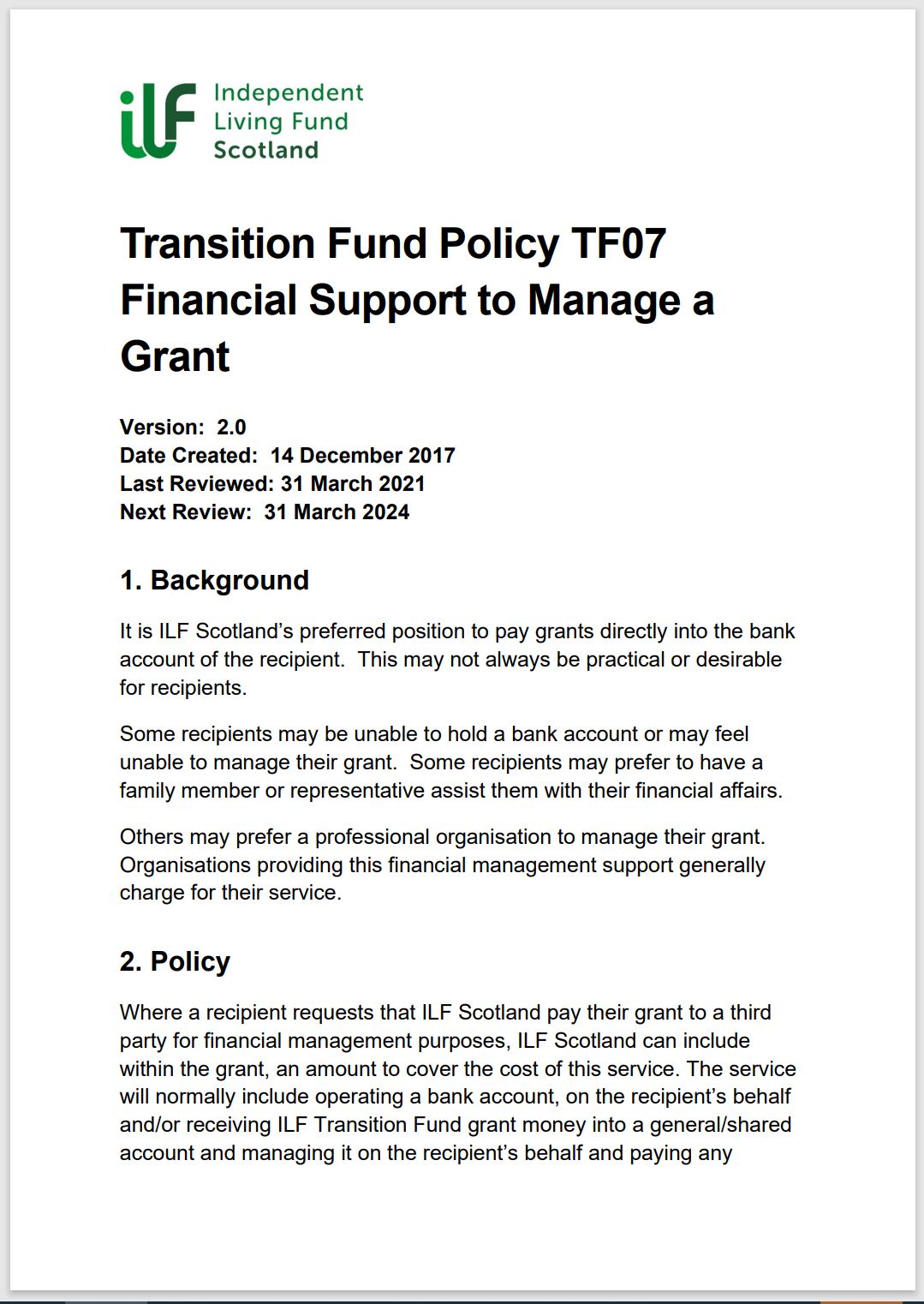 Cover page of policy TF07 showing ILF Scotland logo and policy text.