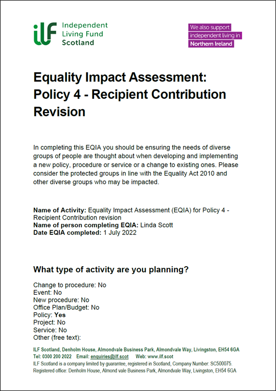 Cover of Equality Impact Assessment Record for Policy 4 Recipient Contribution