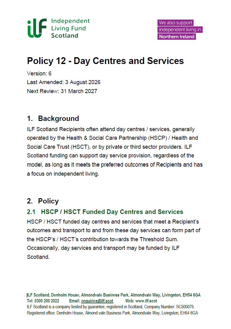 Front page of Policy 12 - Day Centres and Services - v06.0