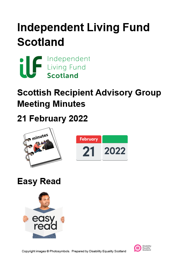 Front Cover of the Scottish Recipient Advisory Group Easy Read Minutes February 2022