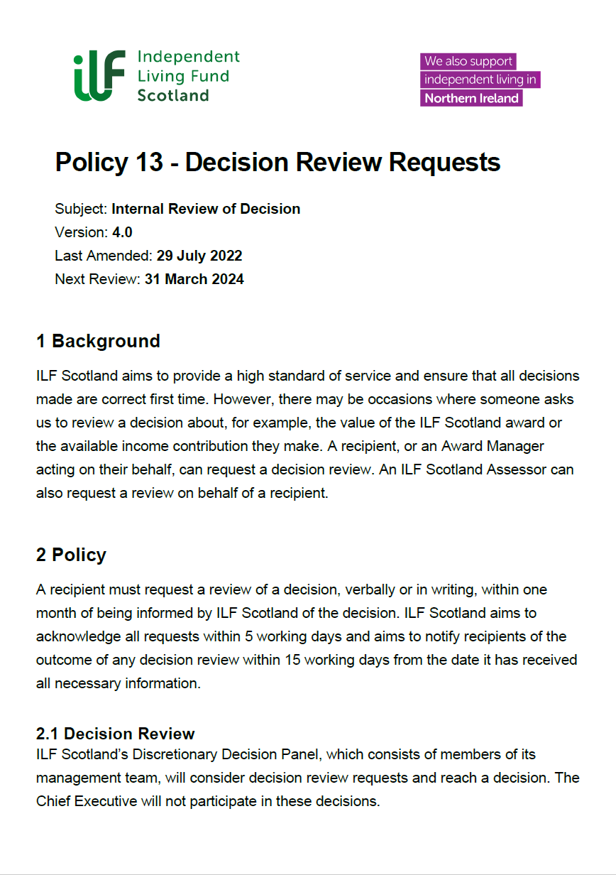 Cover and Front Page of Policy 13 - Decision Review Requests