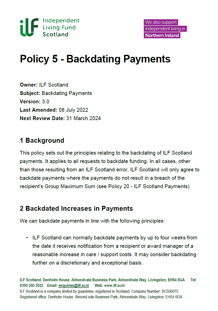 Policy 5 - Backdating Payments Cover