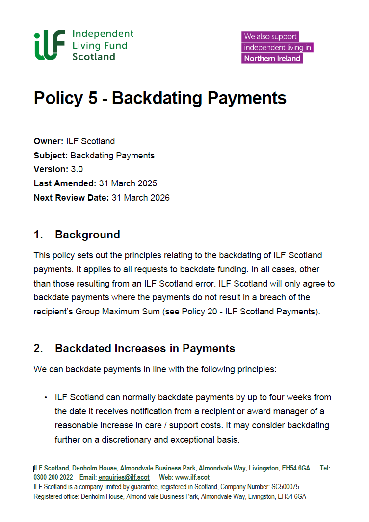 Front page of Policy 5 - Backdating Payments