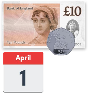£10 note, 50 pence coin and a calendar with the date |April 1st
