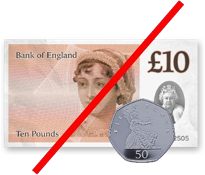 A £10 note and 50 pence coin with a red diagonal line across them