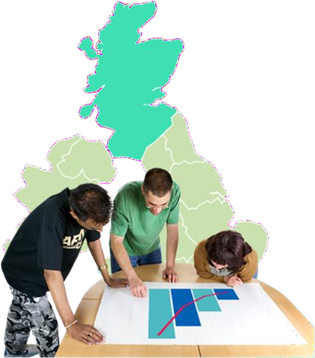 Image of three people looking at a graph on a table with a bap of the British Isles behind them and Scotland highlighted